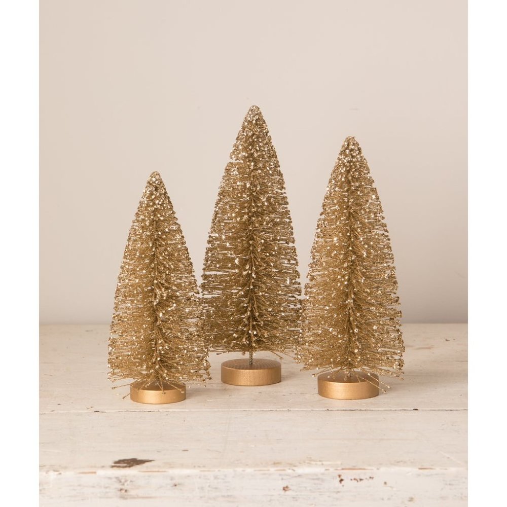 Bethany Lowe Old Gold Bottle Brush Trees - Set of 3
